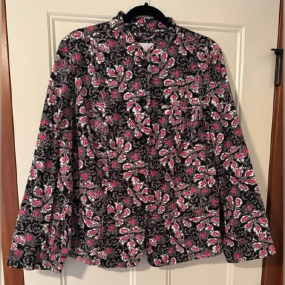 Charter Club Floral Blouse jacket women’s black pink button front stretch preppy